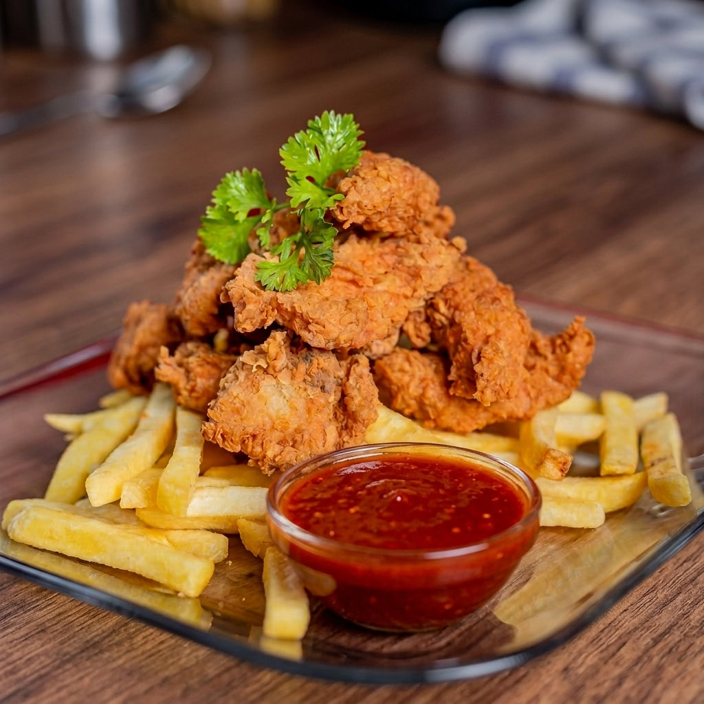 Chicharrones de pollo, crispy Cuban-style fried chicken bites with red hot sauce for dipping