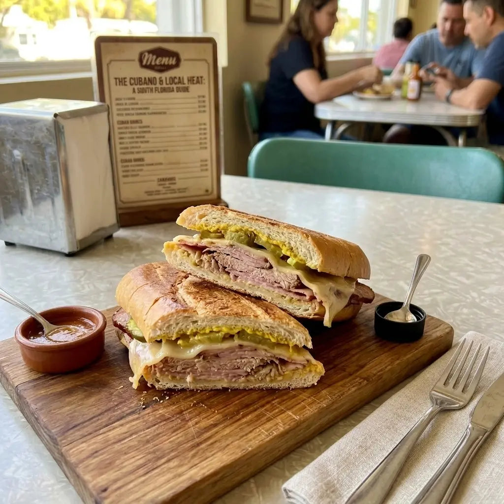 Cuban sandwich cubano with Barbaro Mojo hot sauce — a South Florida classic with ham, pork, Swiss cheese, pickles, and mustard