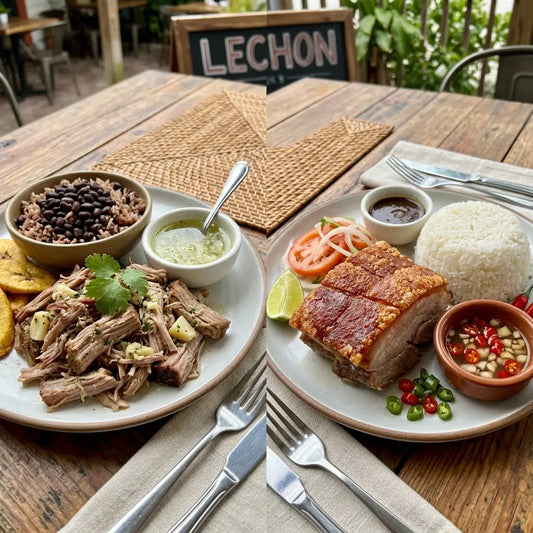 Cuban lechon asado and Filipino lechon kawali plated side by side with rice, black beans, and hot sauce