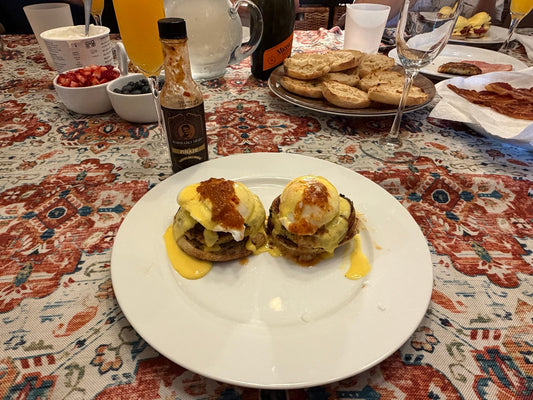 Crab Cake Eggs Benedict with Pinazo Cuban hot sauce