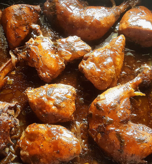 Fricasé de pollo, Cuban chicken fricassee braised in a rich sauce